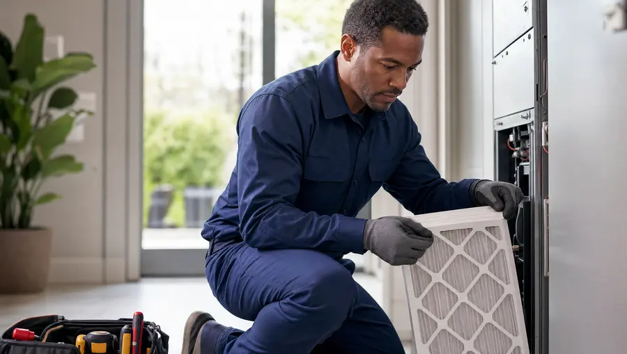 Technician replacing an air filter during a seasonal maintenance visit